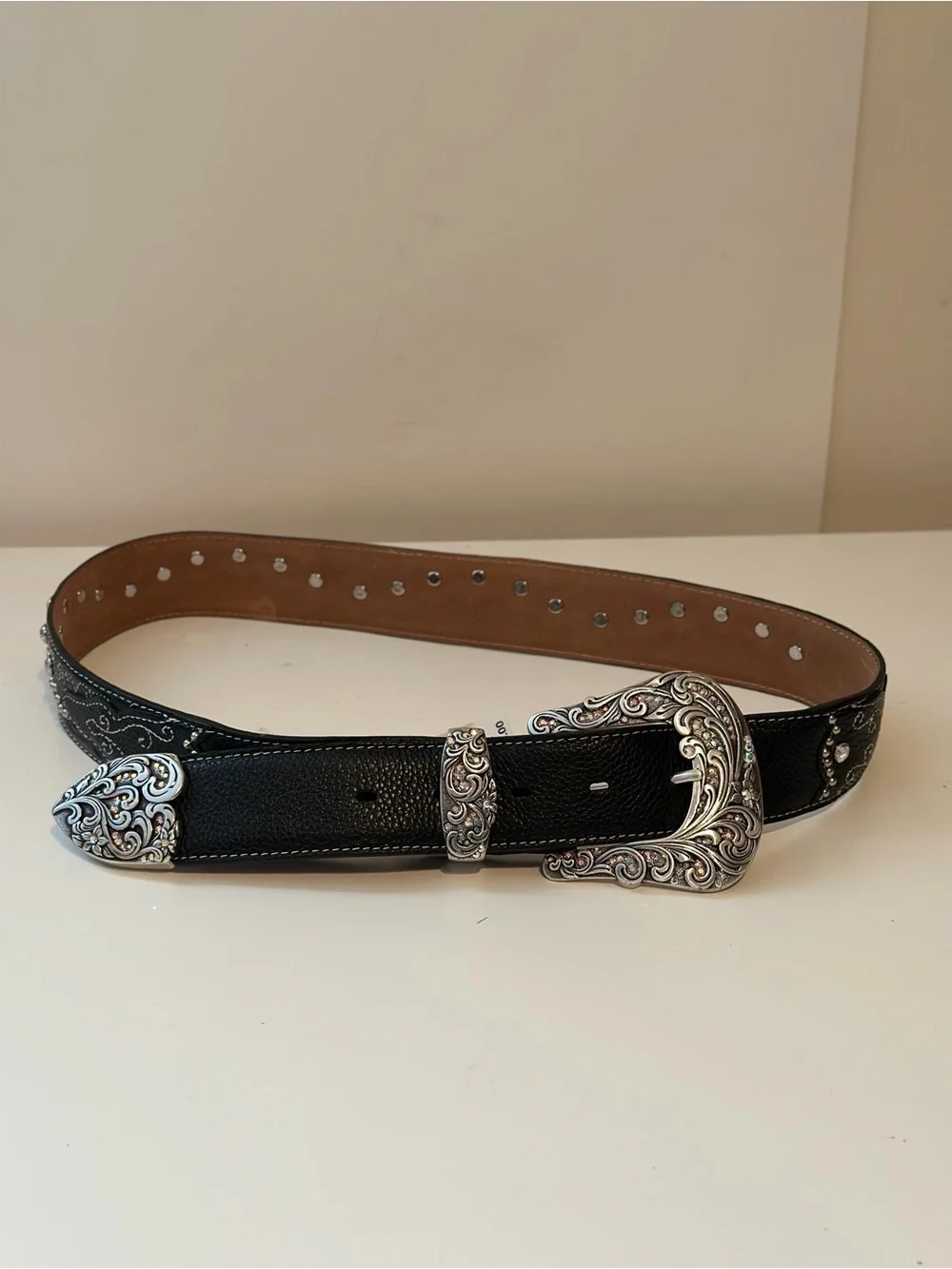 Tony Lama Black Leather Western Belt Crystal Silver Buckle Size 32 1.5